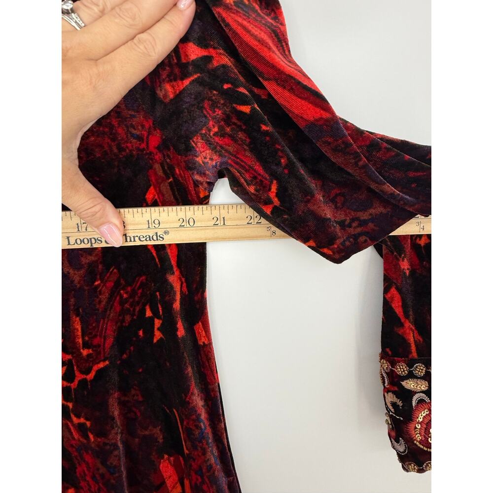 Soft Surroundings Santiago Velvet Maxi Dress Beaded Cuff Red Black Abstract L - Picture 7 of 8